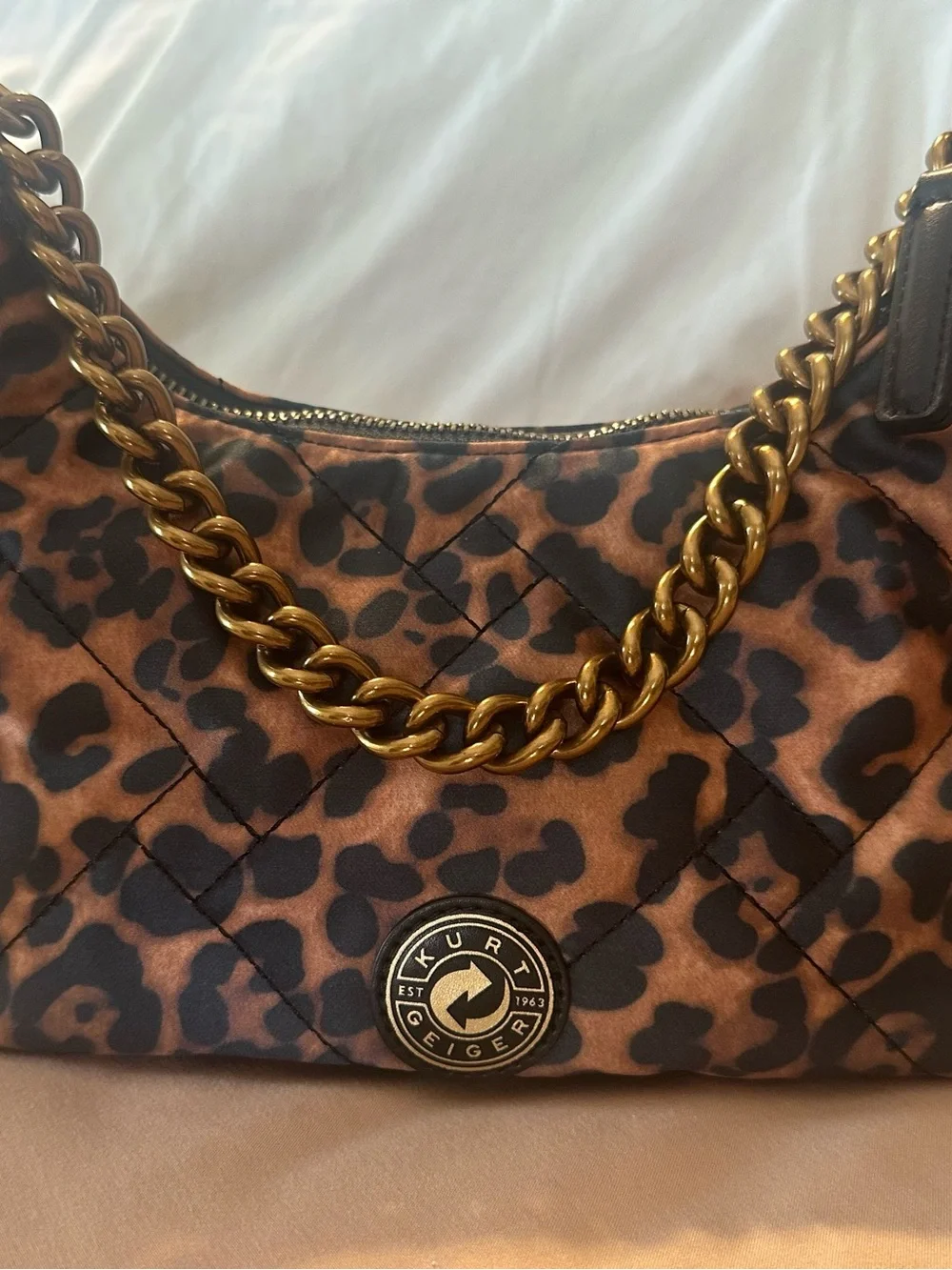 Kurt Geiger Leopard Print Quilted Hobo with Gold Chain